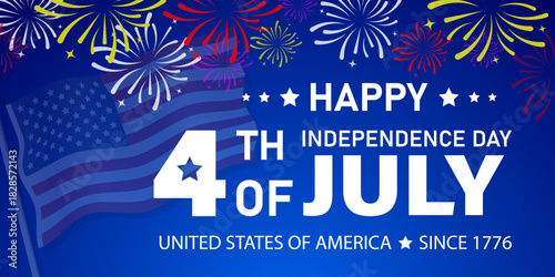 4th of July happy independence day background or banner design template with calligraphy text and fireworks