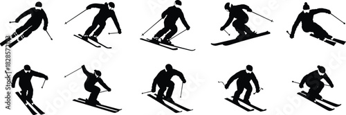 Set of skier silhouettes performing winter sports actions, downhill skiing and jumping vector illustration for outdoor adventure design and posters.