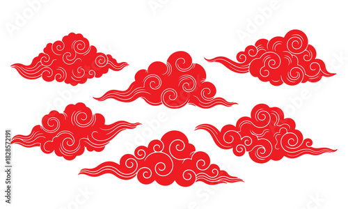 Whimsical Sky Set of Ornamental Red Clouds in Asian Style, Airy Shapes and Spirals