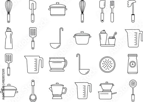 Collection of outline kitchen utensils and cookware for culinary arts and home cooking