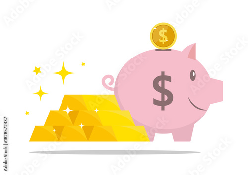 Gold bars and piggy bank for saving money, Finance and money concept, A lot of money and gold bar.