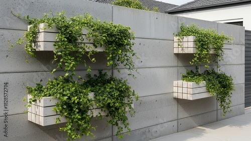 Minimalist concrete wall featuring rectangular planters with hanging green plants for modern outdoor decor.  
