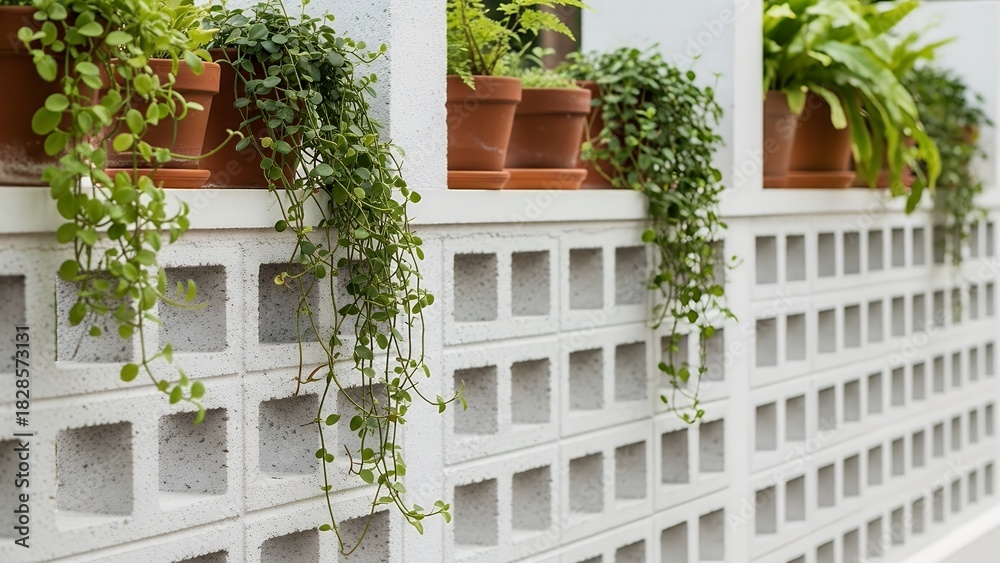 Naklejka premium Decorative white concrete block fence with terracotta potted plants and hanging greenery for a fresh garden look. 