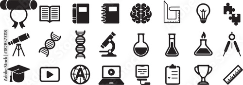 Set of education icons isolated on white background, science and learning