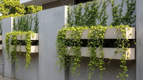 Contemporary concrete fence decorated with hanging green vines creating a natural modern garden style.  
