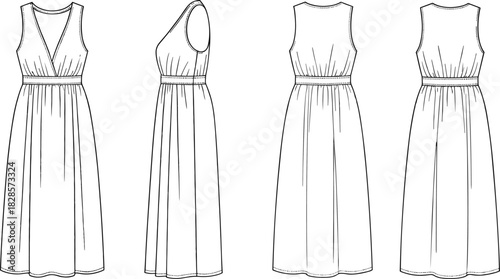 Sleeveless midi dress technical sketch, front side back view, pleated skirt, V-neck bodice, CAD fashion flat illustration