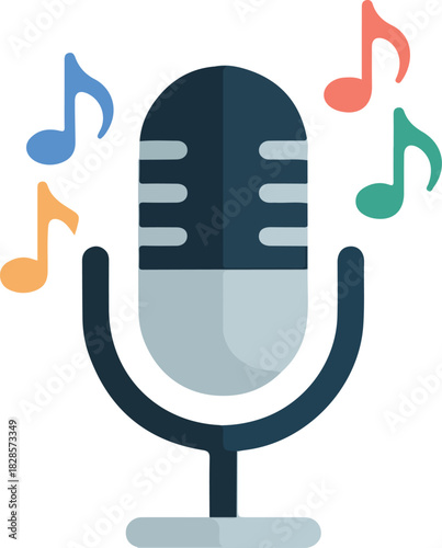 Vector icon of a microphone surrounded by vibrant musical notes for audio and sound related concepts.