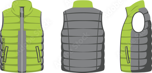 Sleeveless padded vest technical sketch, front side and back view fashion flat drawing, zip pocket and color block detail, cad drawing flat vector illustration
