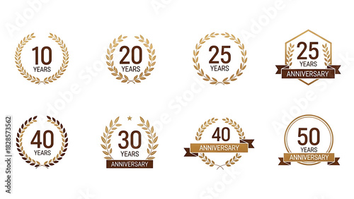 A collection of elegant golden anniversary badges and seals, celebrating milestones from ten to fifty years with laurel wreaths and ribbons