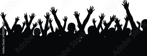 Extremely Excited Audience Crowd Silhouette with Many Hands Raised High in the Air Cheering, Celebrating, and Showing Intense Enthusiasm Vector Graphic.
