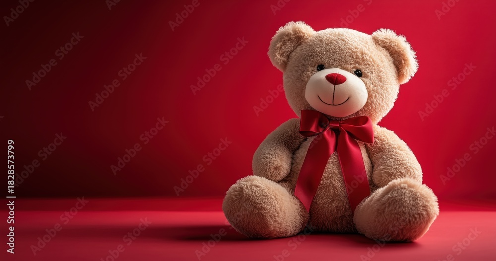 Fototapeta premium A cute teddy bear with a red ribbon, perfect as a Valentine’s Day gift. Festive mood with copy space for greeting cards and holiday promotions
