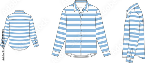 Technical sketch of striped button-up shirt, front, back, side view, fashion design, garment construction, long sleeve apparel illustration