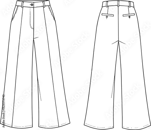 Wide-leg trousers technical sketch, front and back view, high waist flat drawing, garment CAD fashion vector illustration