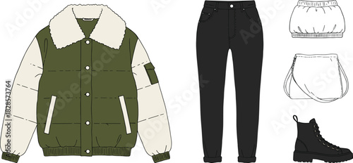 Winter outfit ensemble fashion illustration, puffer jacket pants skirt bag boots flat drawing, garment CAD vector design