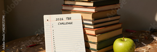 Dynamic desk scene with unread books and challenge list in sunlight  