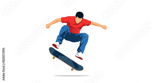 Skateboarder midair stylized art showcasing a dynamic pose in motion on a blank background