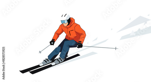 Skier wearing a helmet and goggles skiing down a snowcovered slope