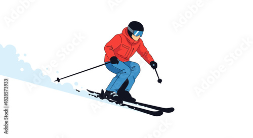 Skier in red jacket and blue pants skiing down a slope with poles