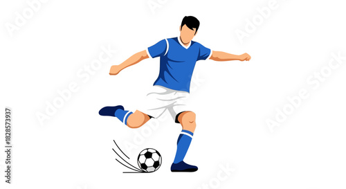 Soccer player in blue and white kicks a black and white ball