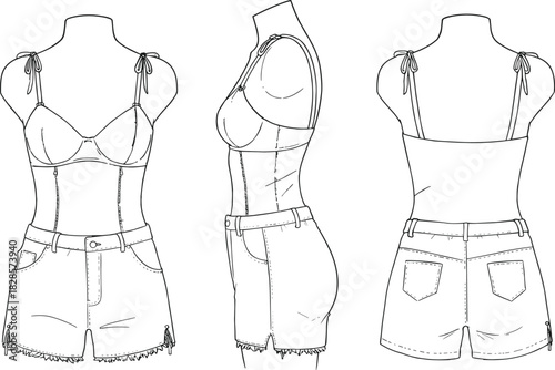 Women’s camisole top and denim shorts technical sketch, front side back view, fitted outfit CAD fashion vector illustration