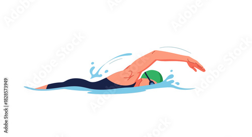 Swimmer in dark blue swimsuit green cap  goggles in the water right arm extended above the water left arm streamlined
