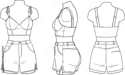 Women’s cropped top and high-waisted shorts technical sketch, front side back view, lace trim CAD fashion vector illustration
