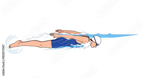 Swimmer in motion wearing goggles and bathing cap arms extended legs trailing immersed in water