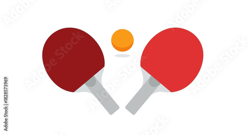 Two table tennis rackets one red and one dark red with a orange ball hovering between them