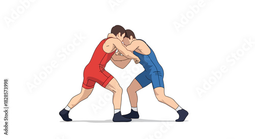 Two wrestlers grappling one in red the other in blue locked in a competitive stance