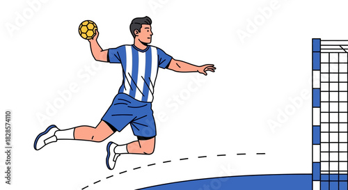 A handball player in a blue and white jersey leaps to throw a yellow ball toward a goal with a blue trim
