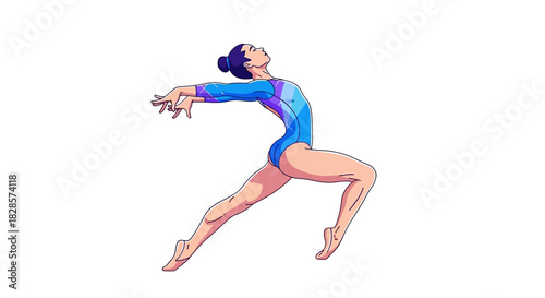 A gymnast in a blue leotard with arms outstretched and one leg forward is shown midperformance