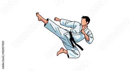 A karateka is doing a side kick while wearing a white uniform with a black belt on a white background