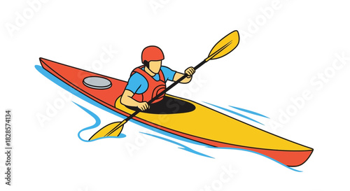 A kayaker with an oar on a yellow and red kayak amidst blue water creates a vibrant outdoor scene