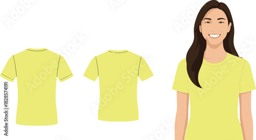 Yellow t-shirt technical sketch, front and back view fashion flat drawing, worn fit reference, cad drawing flat vector illustration