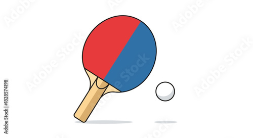 A ping pong paddle split red and blue sits near a white ball casting a subtle shadow on a white background