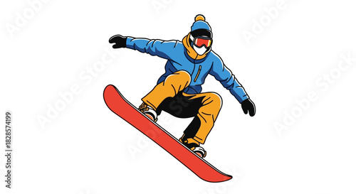 A person snowboarding downhill wearing a blue jacket orange pants and goggles
