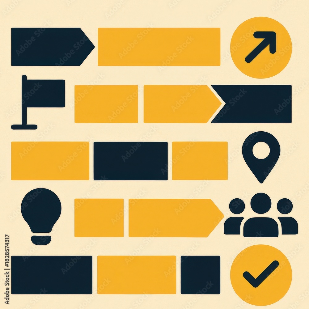 Fototapeta premium Streamlined visual elements illustrating project management concepts including planning, direction, teamwork, and decision making in an abstract layout emphasizing productivity