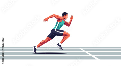 An athlete sprints on a track captured in a geometric stylized illustration