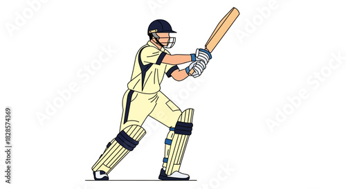 Cartoon cricketer wielding a bat helmeted wearing pads in batting stance