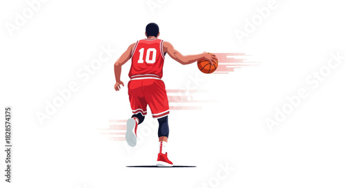 Basketball player in red jersey dribbling the ball with motion blur effect
