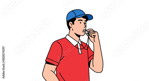 Coach blows whistle in red shirt  blue cap simple color graphic illustration on white