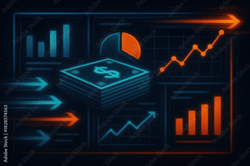 Naklejka premium Abstract financial growth visualization featuring dollar bills data analytics with vibrant bar charts and line graphs illustrating market trends and economic prosperity concepts