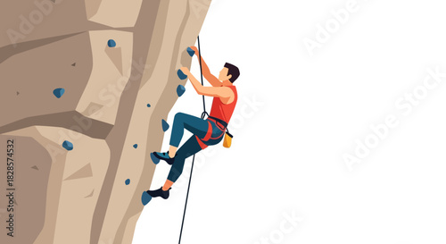 Man climbing a beige cliff face wearing climbing gear blue trousers red shirt