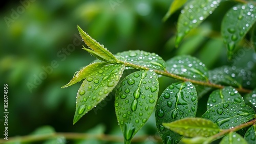 Close up of vibrant green leaves covered in refreshing water droplets after a gentle rain shower