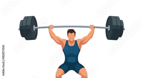 Muscular man in blue lifting barbell overhead weights loaded at the ends