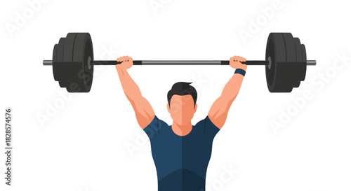Muscular figure lifts barbell overhead weights stacked evenly on each side