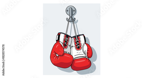Red boxing gloves hang on a wall hook with white laces casting shadows
