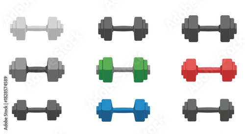 Nine dumbbells arranged in a 3x3 grid each a different color