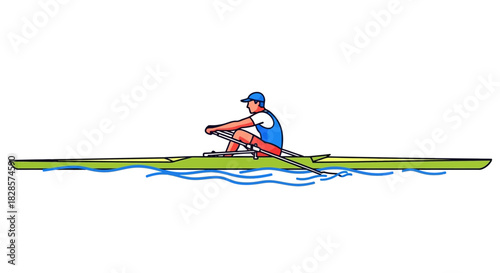 Rower in a green boat with blue waves wearing bluewhite top and red shorts Oars are in motion