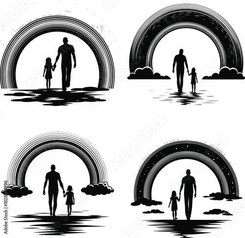 Father and Child Silhouette Illustration Symbolic Archway Path, Emotional Family Bond, Backlit Journey Art & Monochrome Vector Collection